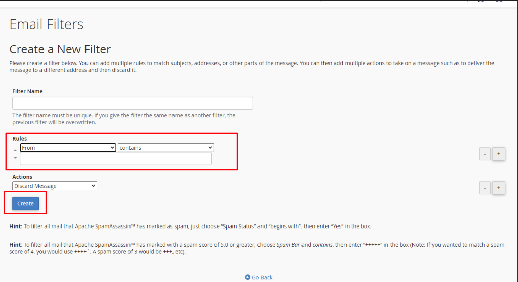 Create New Filter in cPanel | BigCloudy KB