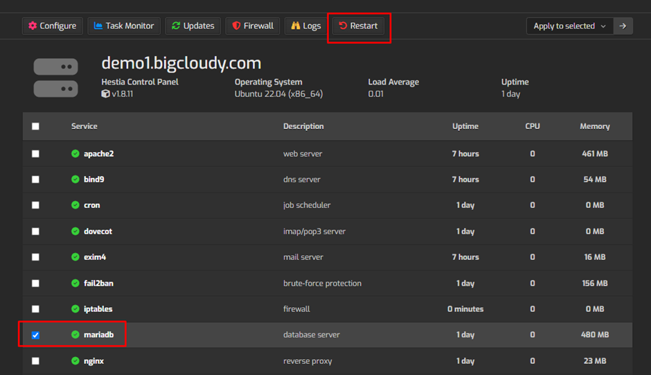 Restart MySQL Service in Hestia | BigCloudy KB 