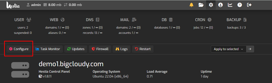 Configure Settings in Hestia | BigCloudy KB 