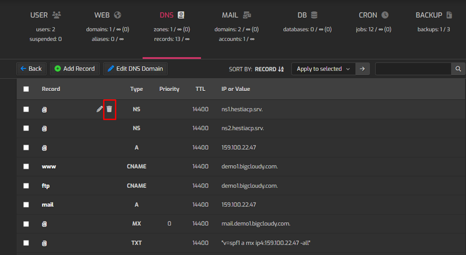 Delete DNS Records in Hestia | BigCloudy KB 