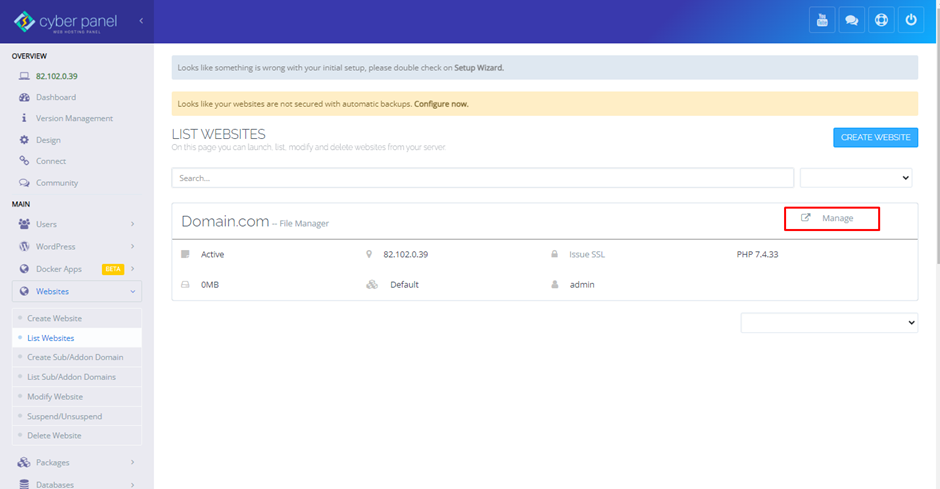 Websites Tab in CyberPanel | BigCloudy KB 
