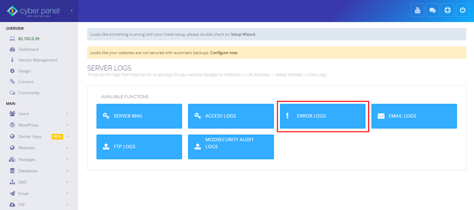 Select Error Logs on CyberPanel | BigCloudy KB 