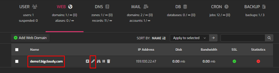 Web Domain Tab in Hestia | BigCloudy KB 