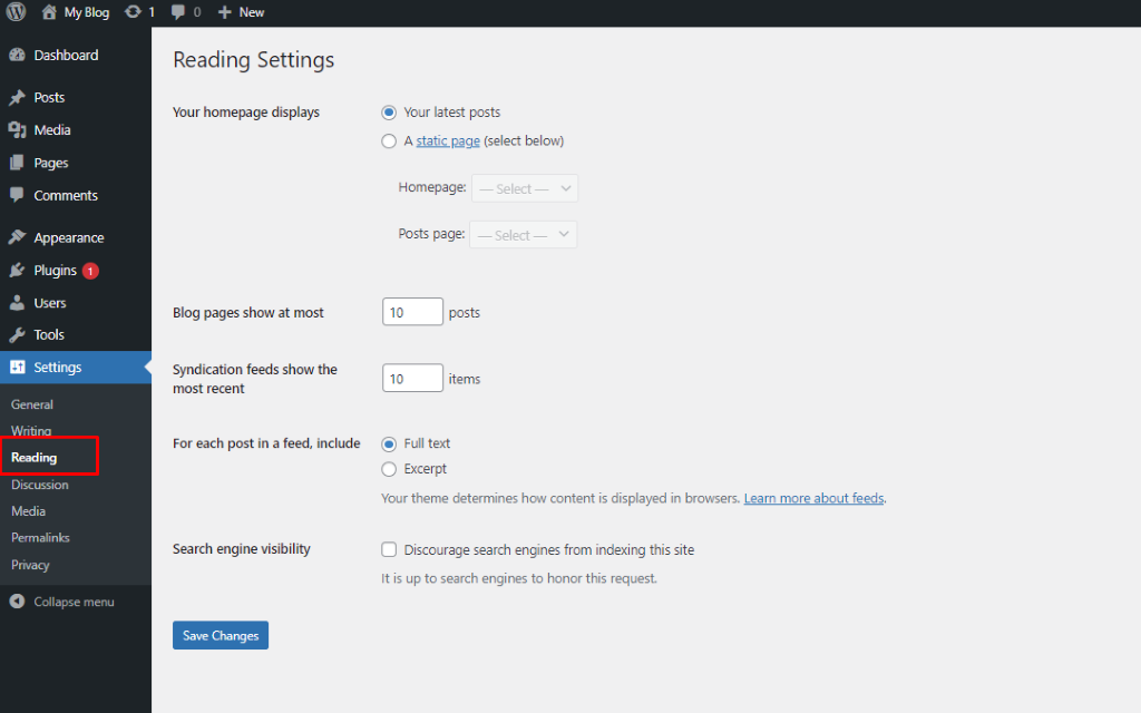 Reading Settings on WordPress | BigCloudy KB 