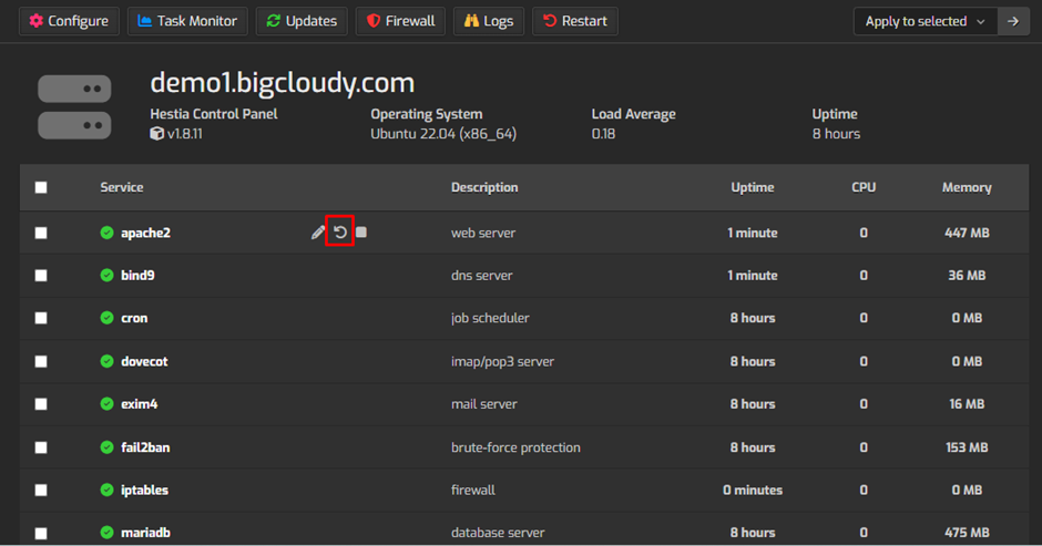 Restart Services in HestiaCP | BigCloudy KB