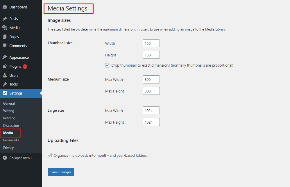 WordPress Media Settings | BigCloudy KB 