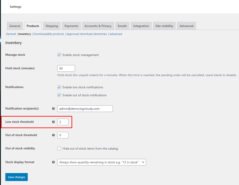 Low Stock Threshold in WooCommerce | BigCloudy KB 