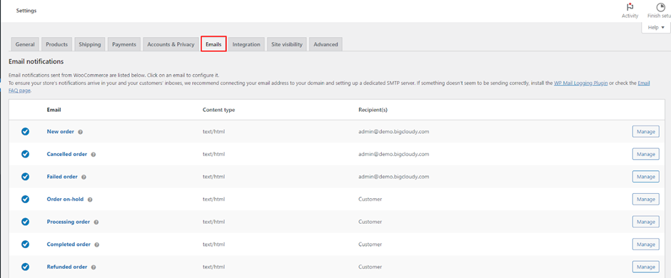 Emails Notification in WooCommerce | BigCloudy KB 